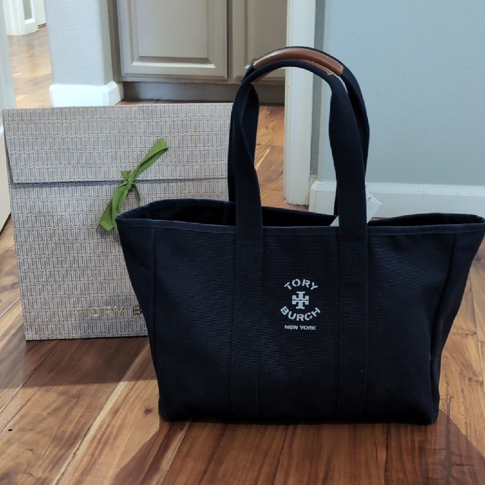 Tory Burch New York Warm Night Canvas Leather Trim Handle Tote + Gift Bag Nwt❤️